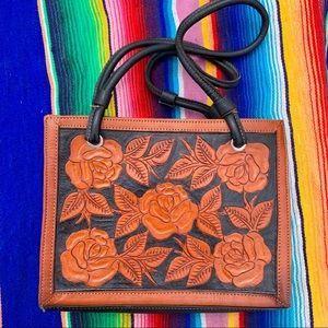 VINTAGE AMERICAN WEST TOOLED LEATHER ROSE SATCHEL